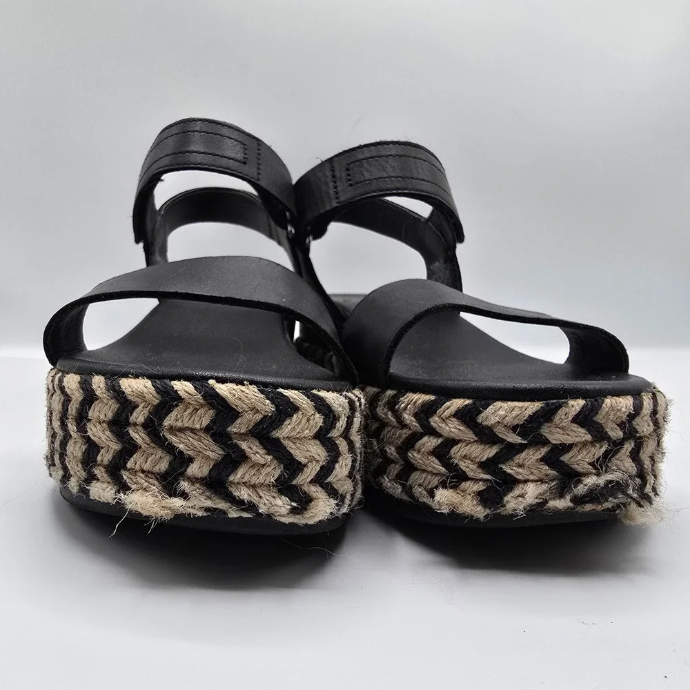 Sorel‎ Black Leather Espadrille Flatform Ankle Strap Platform Sandals 7.5